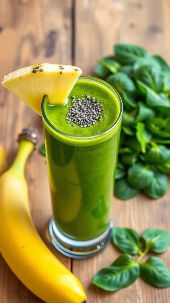 Refreshing Green Glow Smoothie Recipe A refreshing green smoothie made with spinach, banana, and pineapple, served in a tall glass with chia seeds on top.